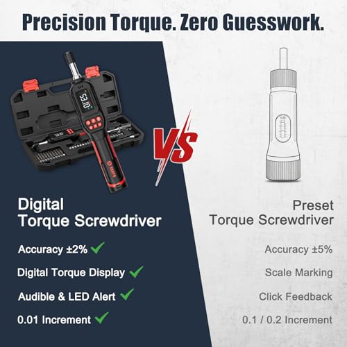 Image of VANPO Digital Torque Screwdriver, 2.65-53.10 in.lb, ±2% Accuracy | 0.3-6Nm, 1 /4 Torque Screwdriver Set with 31Bits,LCD Display & Audible Buzzer for Bike ,Scope Mounting & Precision Electronics