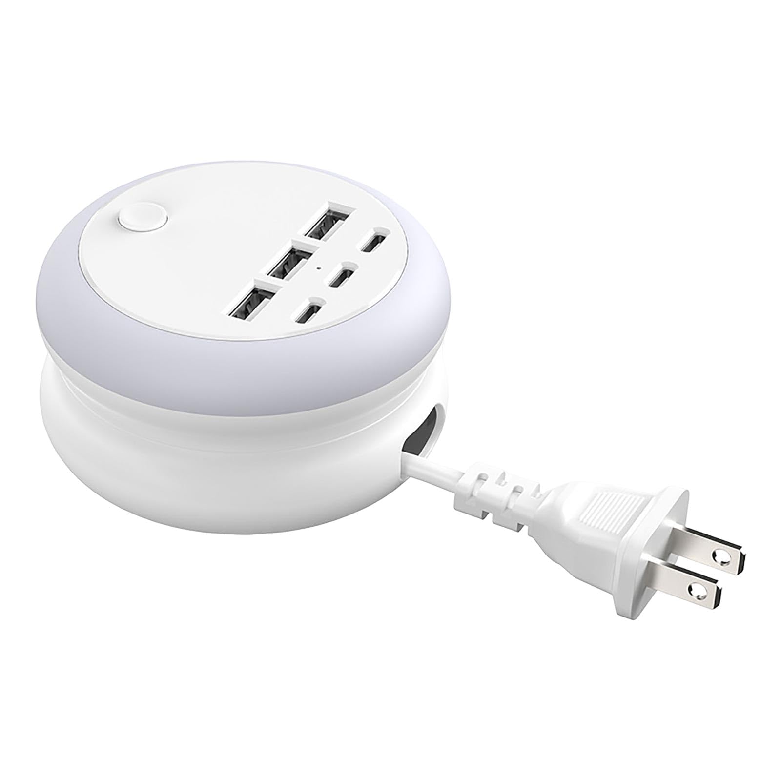 6-Port USB Charger with 8-Color Night Light, Retractable USB Extension Lead, Multi-Device Charging Hub with Safety Switch, Compact Power Strip for Home Office Bedroom Travel