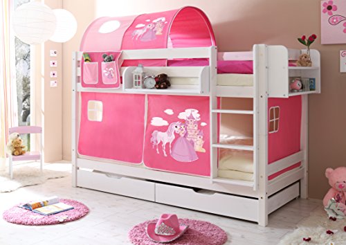 TiCAA Etagenbett, Kinderbett Stockbett für Kinder mit Treppe & Vorhangstoff Zwei Liegeflächen aus Kiefer Massivholz Bettgestell 90 x 200