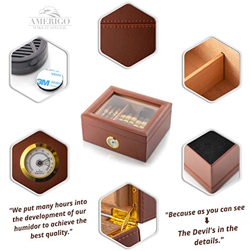 Amerigo Luxury Handcrafted Cigar Humidor - Leather Glass Top Cigar Box - Cigar Gifts for Men - Cigar Accessories - Humidor Humidifier with Cedar Core, Divider & Front Hygrometer - Holds 25-50 Cigars - Thumbnail 3