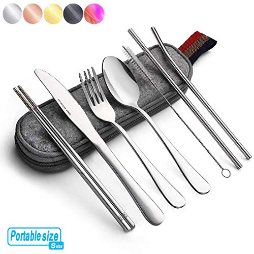 Portable utensils silverware flatware set, Travel Camping Cutlery set, 8-Piece including Knife Fork Spoon Chopsticks Cleaning brush Straws Portable bag, Stainless steel Flatware set (S size)
