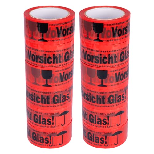 verpacking PP Klebeband 50 mm x 66 m Vorsicht Glas [Ausführung Farbe & Stückzahl wählbar] Standard abrollend Paketklebeband Packband Verpackungsklebeband 12 Rollen