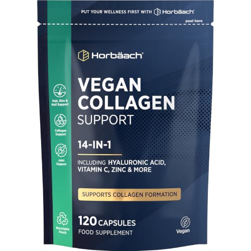 Vegan Collagen Supplements for Women & Men | with Hyaluronic Acid Vitamin C Zinc & More | Blend of 14 Nutrients Including 500 Million CFU Acidophilus | Collagen Support | 120 Capsules | by Horbaach