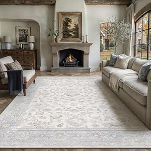 8x10 Blue Washable Area Rug for Living Room Bedroom Neutral Soft Floral Non Slip Runner Rug Lightweight Vintage Low Pile Distressed Carpet Doormat Office Playroom Dining Room Home Decor 8'x1