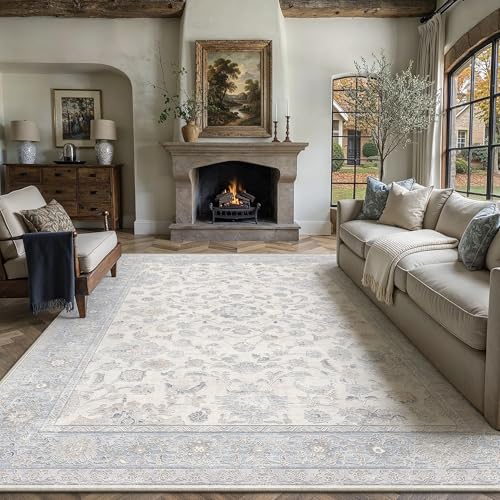 8x10 Blue Washable Area Rug for Living Room Bedroom Neutral Soft Floral Non Slip Runner Rug Lightweight Vintage Low Pile Distressed Carpet Doormat Office Playroom Dining Room Home Decor 8'x1