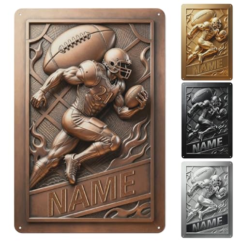 Personalized Football Metal Sign Plaque Wall Art Decor, Custom Name & Number Metal Football Player Wall Hanging Signs Gift for Bedroom Room Sports Decor Party Bar Christmas Birthday Gift