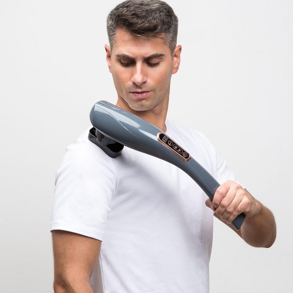 GLOBAL RELAX® I EGO Body Masażer - Szary - Bezprzewodowy wielofunkcyjny masażer - Masaż Shiatsu, perkusja - 6 wymiennych głowic, które można dostosować do dowolnej części ciała