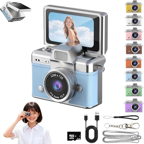 Mini Keychain Digital Camera Retro Mini Digital Video Camera Small bodycam 1080P FHD Recording with 0.96" IPS Screen with 6 Retro Filters AVI Format-Ideal for Phone Transfer (Blue, 64G)