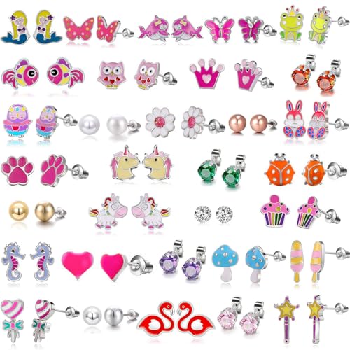 Image of 33 Pairs Stainless Steel Cartoon Earrings for Girls - Hypoallergenic Colorful Stud Earing Set, Mix & Match Cute Earring for Teens, Kids, Doll Dressup Accessories