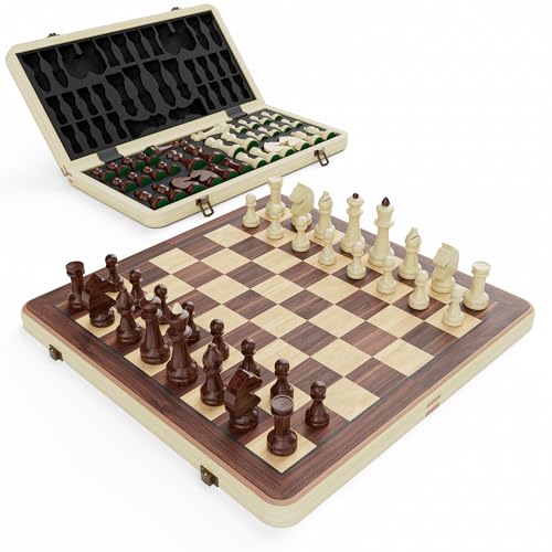 38 cm Holz Klapp-Schach-Set mit 7 6 cm König Staunton Figuren und 2 zusätzlichen Damen