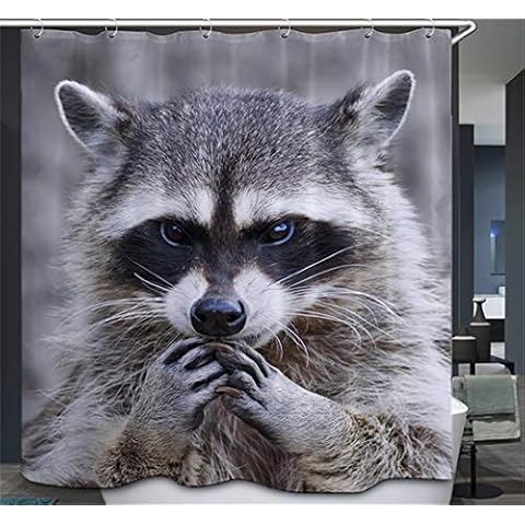 PocaBlife Grey Animal Shower Curtain,Cute Raccoon Eating Waterproof Fabric Shower Curtain 12 Hooks Watercolor Decorative Bath Curtain Modern Bathroom Accessories Shower Custom 72 x 72 inch Cover