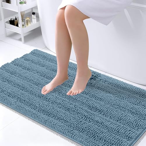 Image of OLANLY Thick Large Bathroom Rugs 45x27, Extra Soft Absorbent Chenille Striped Bath Rugs, Rubber Backing, Machine Wash, Bath Mats for Bathroom Floor, Tub and Shower, Home Decor Accessories, Airy Blue