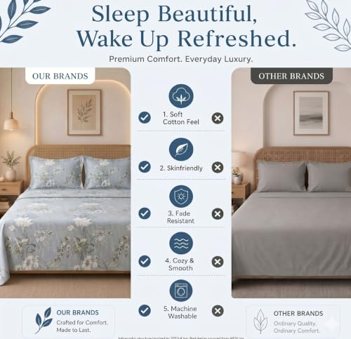 Image of HOMEKART Glace Cotton 160 TC Leaf Printed Double Bedsheet with 2 King Size Pillow Covers | Soft & Durable | 86 x 88Inches (Grey & White)