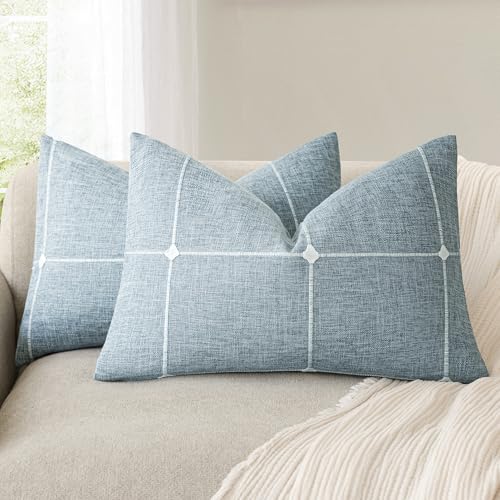 Image of Foindtower Pack of 2 Decorative Faux Linen Jacquard Check Throw Pillow Covers Farmhouse Lumbar Cushion Cover with Grid Textured Accent Pillowcase for Couch Living Room Home Decor,12x20 Inch,Light Blue