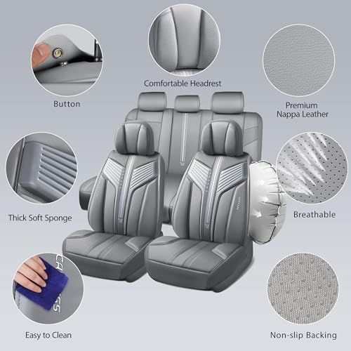 Image of CAR PASS Nappa Leather Seat Covers, Breathable Waterproof Car Seat Covers Full Set, Luxury Leather Front and Back Seats Full Coverage, Universal Fit SUV Pick-up Truck Sedan Automotive(Gray)