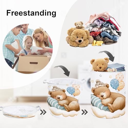 Image of Sleeping Animals Baby Laundry Hamper Collapsible Clothes Kids Storage Basket Large Boys Girls Gift Toy Box Bin for Nursery, Bear, 63L