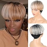 LEOSA Pixie Cut Wigs with Bangs for Black Women,Short Ombre Grey Bob Wigs Brown Mixed Black Color...
