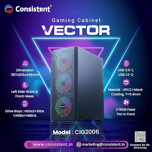 Image of Consistent Gaming PC Case 2006 Vector | Gaming Cabinet, Wooden Cabinet for Video Games | 3 RGB Fixed Fan in Front | Inbuilt Cooling System: M /B Plate: 2X 12cm ARGB Fans & *Rear: 1x 12cm ARGB Fan