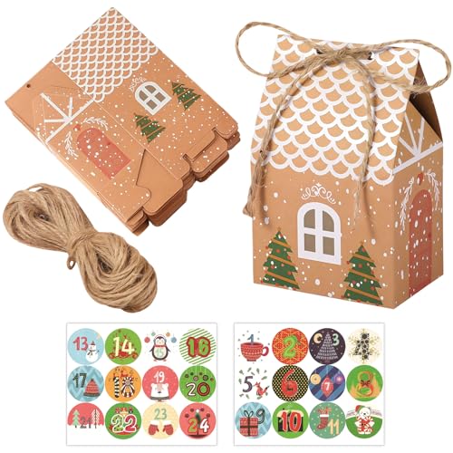 GWAWG DIY Christmas Advent Calendar Boxes, 24 Pcs Kraft House Advent Calendar 2025 for Kids & Adults, Fill Your Own Advent Calendar Gift Boxes with Stickers & String, Reusable Xmas Countdown Set