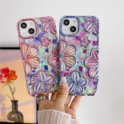 Image of mobistyle Designed for iPhone 15 Plus Cover| Electroplating Colourful Flower 3D TPU Camera Protection Back Cover Case for Women Girls (Flower Blue)