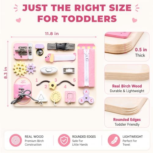Montessori Busy Board for Toddlers, Wooden Sensory Toys, Preschool Learning Activities for Fine Motor Skills Travel Toy, Basic Life Skills Educational Gifts for 1 2 3 Years Old Kids Boys Girls — view 3