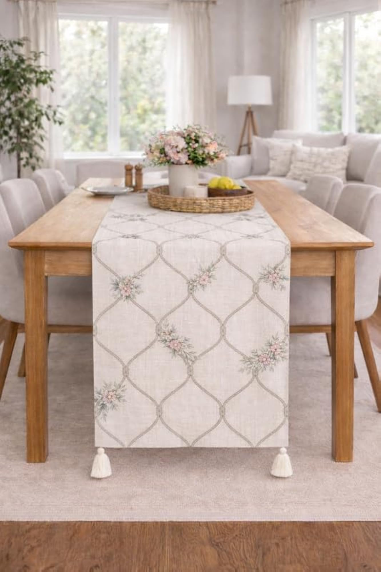 Rosebud Trellis Charm Linen Print Table Runner for Center Table