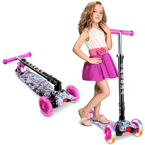 Caroma - Patinete de 3 ruedas para niños y niñas y niños, 3 alturas ajustables, 3 ruedas de PU LED intermitentes con aleación de aluminio para niños de 2 a 8 años