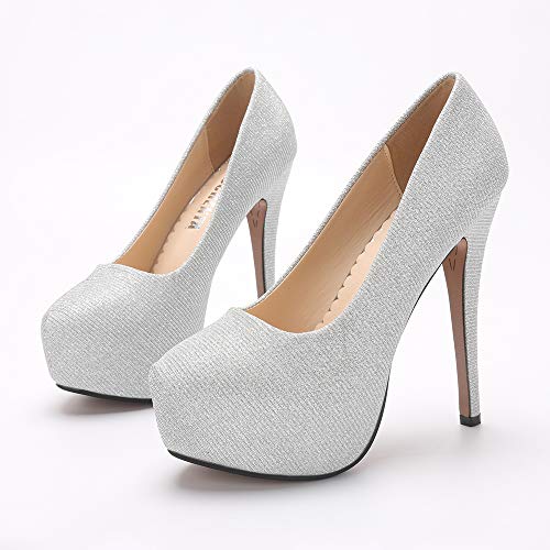 OCHENTA Women's Round Toe Platform Slip On High Heel Dress Pumps SG Silver Tag 35 - US B(M) 5.52