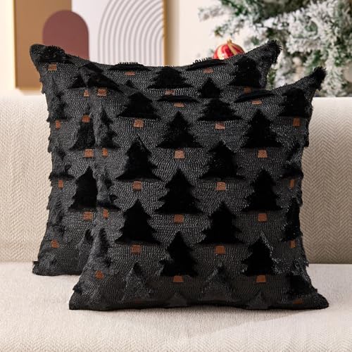 Image of Allorry Christmas Pillow Covers 18x18 inch Set of 2 Black Christmas Decorations Soft Plush Faux Fur Wool Christmas Tree Throw Pillow Cases Winter Holiday Decor for Sofa Living Room PT002J18