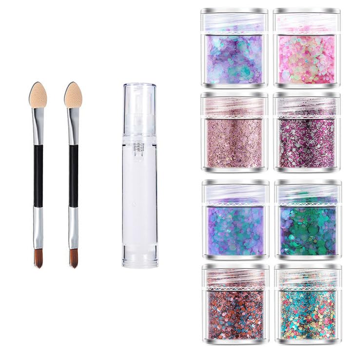 Anseom 8 peças purpurinas rosto purpurina para maquilhagem gel de brilho corporal lantejoulas de sereia Chunky Glitter cabelo com 10 autocolantes de tatuagem para festival, cabelo, lábios, unhas