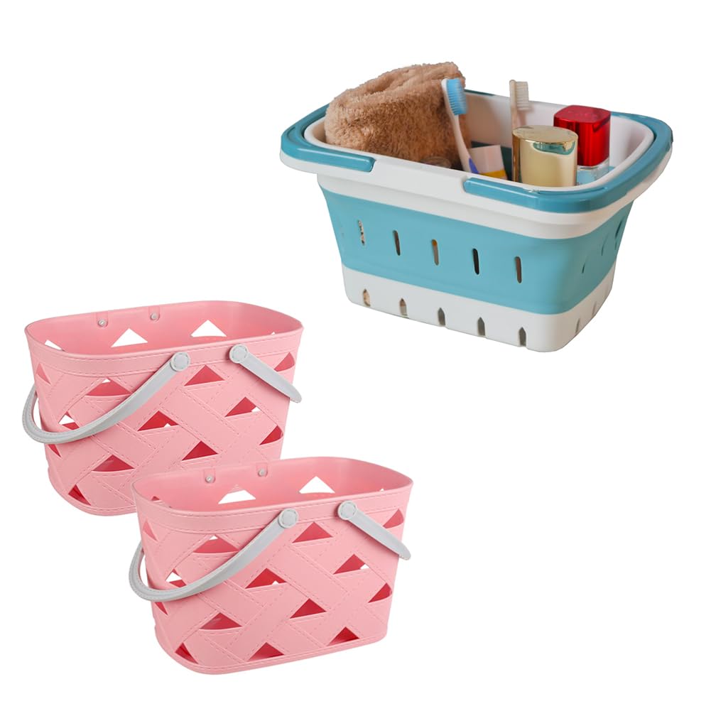 Portable Foldable Blue Shower Caddy Basket 2 Pack Pink Caddy Basket