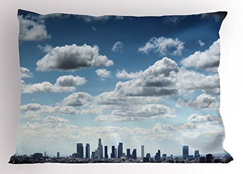 Ambesonne United States Pillow Sham, Downtown Los Angeles Skyline Under The Summer Sky with Scenic Fluffy Clouds, Decorative Standard King Size Printed Pillowcase, 36" X 20", Blue White