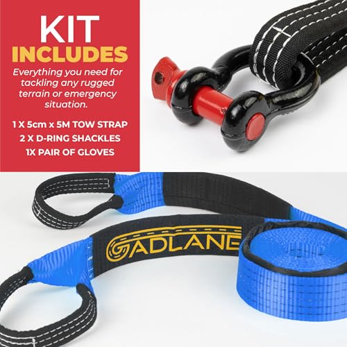 GADLANE Hochsichtbares Abschleppseil, 5 m x 5 cm dick, 10 Tonnen Kapazität, verschleißfestes Polyester mit verstärkten Enden, UV-beschichteter Abschleppgurt, robuste D-Ring-Bügel, Aufbewahrungstasche