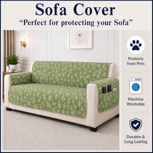 Image of STITCHNEST 'Opulence Series' Floral Woven Sofa Cover for 3 Seater | Premium Soft Fabric Sofa Protector | Green Floral Pattern with Armrest Pockets | Durable Living Room Furniture Cover