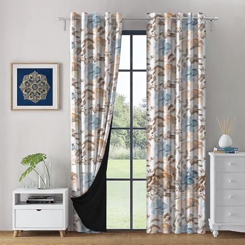 Image of LINENWALAS 100% Blackout Curtains for 5 Feet Window | Set of 2 | Botanical Floral Prints| Thermal Insulated, Room Darkening Drapes with Grommet Hanging Style for Living Room & Bedroom (Blue)