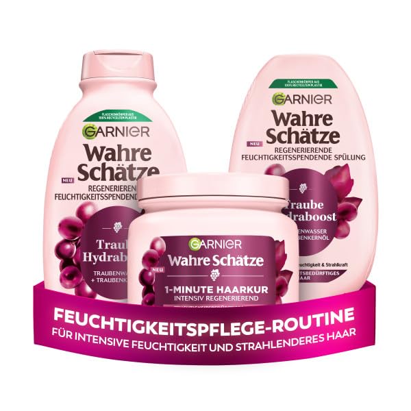 Garnier Wahre Schätze Traube Hydraboost Haarpflege-Set, mit Traubenwasser, für mehr Feuchtigkeit und Glanz, mit Shampoo, Spülung, 1-Minute Haarkur