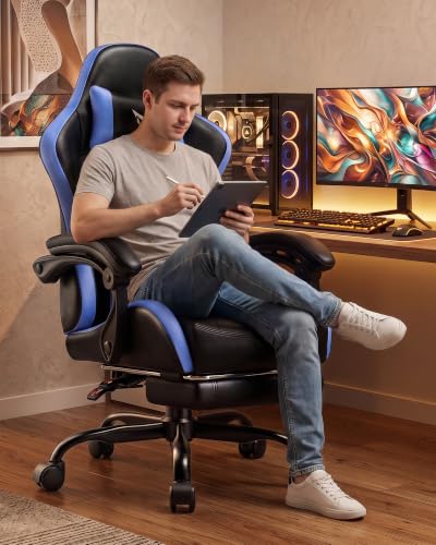 Image of LUCKRACER Gaming Chair, Comfy Computer Chair w /Footrest for Adults, Blue
