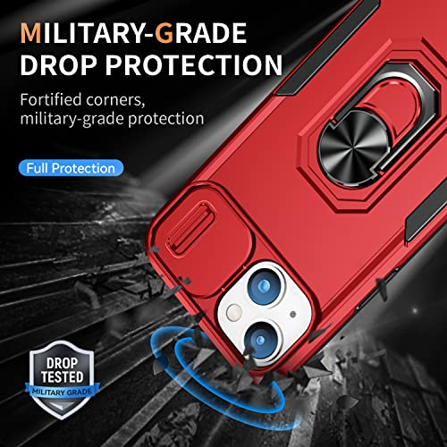 Image of MOSHKING Polycarbonate Back Cover Case Compatible For Iphone 13 With Slide Camera || Heavy Duty Military Grade Protection Mobile Phone Case Built-In 360 Rotate Ring Stand - Red