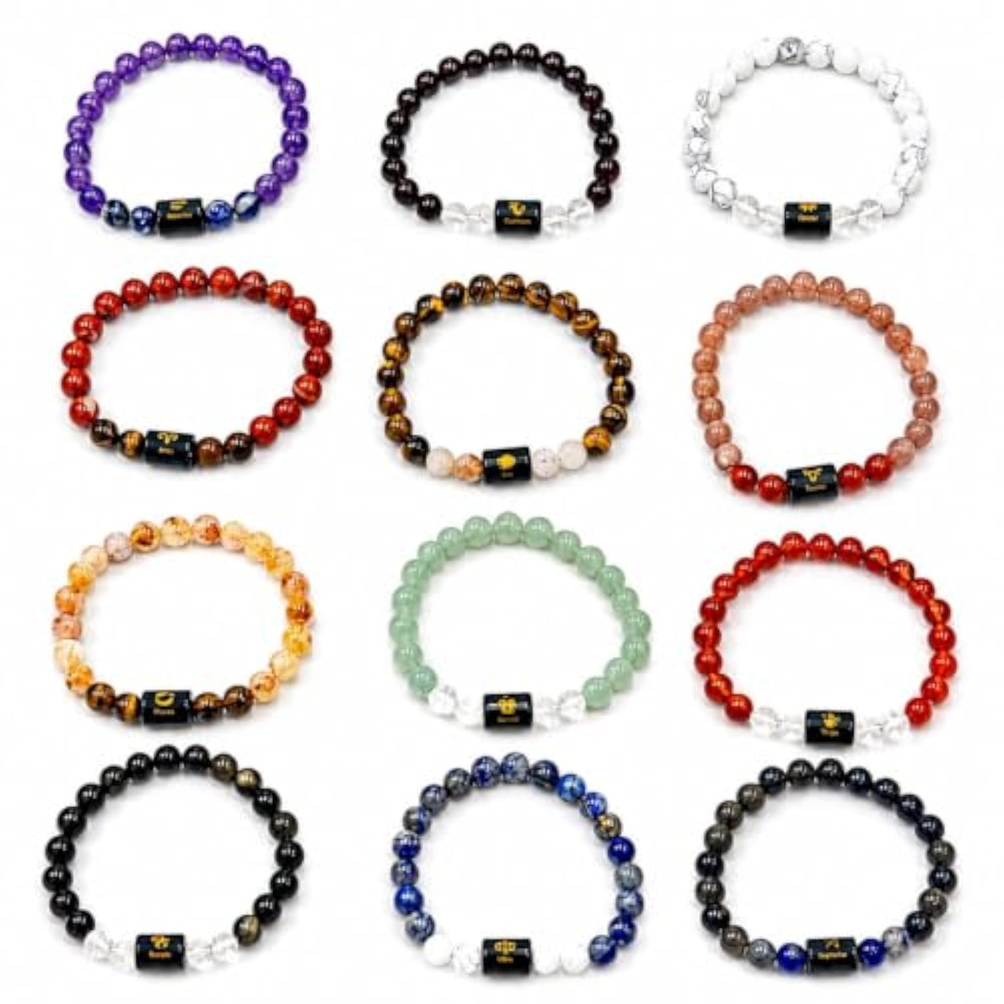 Zodiac Sign Natural Stone Beaded Stretch Bracelet, 8mm