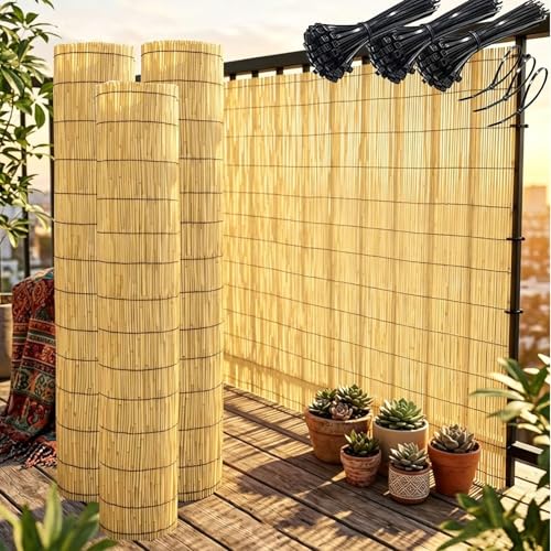Valla Jardín Exterior y Rollo Cañizo Ocultacion de Bambú Natural, Cerramiento para Balcón y Terraza, Pantalla de Privacidad, Protector Visual(Natural,1.20mx5.0mx3pack)
