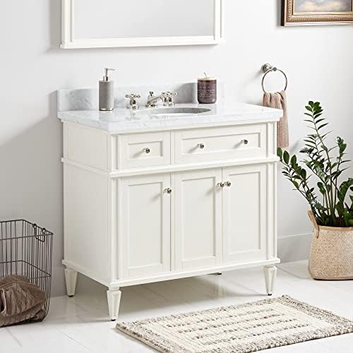 Signature Hardware 464731 Elmdale 36" Free Standing Single Vanity Set with Mahogany Cabinet, Vanity Top, and Oval Undermount Vitreous China Sink - 8" Faucet Holes - White/Carrara Marble