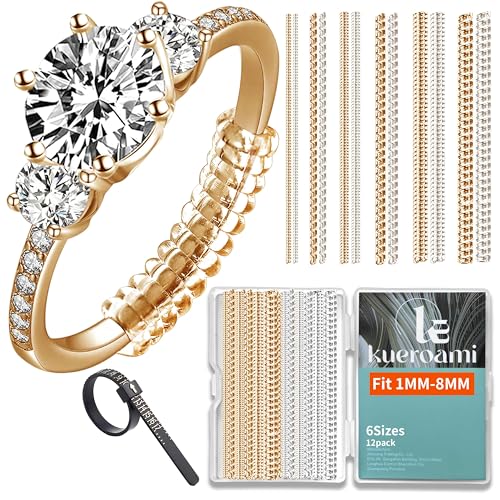 Ring Size Adjuster for Loose Rings 12 Pack-6 Sizes Plastic Guards Jewelry Fitter Resizer Invisible Coil Wrap Ring Tightener for Women and Men Inserts Make Rings Smaller Without Resizing (Clear Gold)