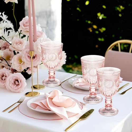 Pink 48 Pack Vintage Wine Glasses, Plastic Reusable 12 Ounce Colored Water Goblets, Unique Flower Embossed Pattern Unbreakable Stemmed Wine Glasses High Clear Wedding Party Bar Drinking Cups by XKXKKE - Image 2