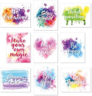 Set of 9 Watercolor Inspirational Wall Art Prints Abstract Paint Motivational Quote Phrases Posters for Living Room Office Classroom Kids Room Decoration 8x10inch Unframed