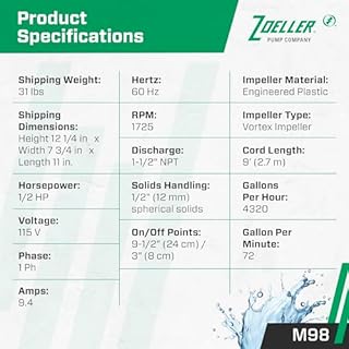 Zoeller 98-0001 1/2 HP 72 GPM 1-1/2-Inch Discharge M98 Flow-Mate Cast Iron Automatic Sump Pump with Vertical Float Switch