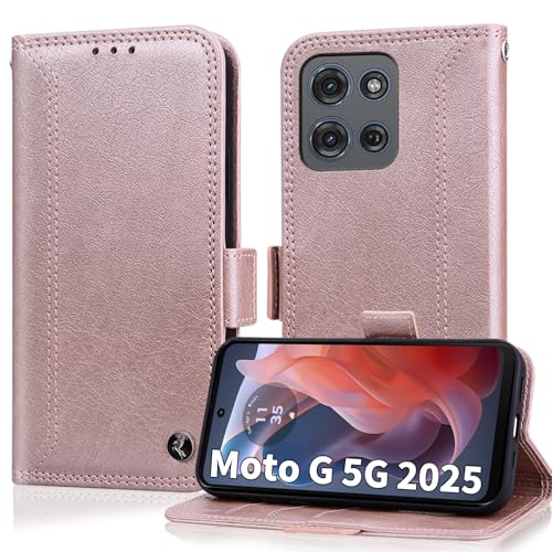 Étui portefeuille Moto G 5G 2025 clapet cuir protection antichoc et anti-RFID rose gold
