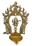 Two Moustaches Brass Ethnic Indian Carving Dancing Ganesha Design Diya with Prabhavali Frame, 9...