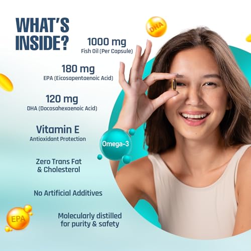 Image of Naturaltein Pro Strength Omega 3 Fish Oil 1000mg with Vitamin E | 180mg EPA & 120mg DHA | Supports Heart, Brain, Joint & Eye Health | Molecularly Distilled & Heavy Metal Tested | 60 Softgels