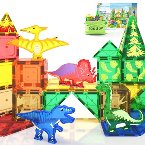 Coodoo Dinosaur Toys Magnetic Tiles - Magnet Building Blocks for Toddler Kids Toys STEM Sensory Outdoor Toy for 3+ Year Old Boys and Girls, Dinosaur World Creative Games Kids
