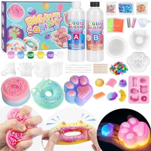 Highttoy Kit Squishy Grande Silicona Líquida Luminoso Bricolaje, 480ml AB Proporción 1:1 Squishy Goma de Silicona Avec 9 Moldes y Accesorios, Juguetes Sensoriales Antiestrés, Regalos Niños 6+ Años